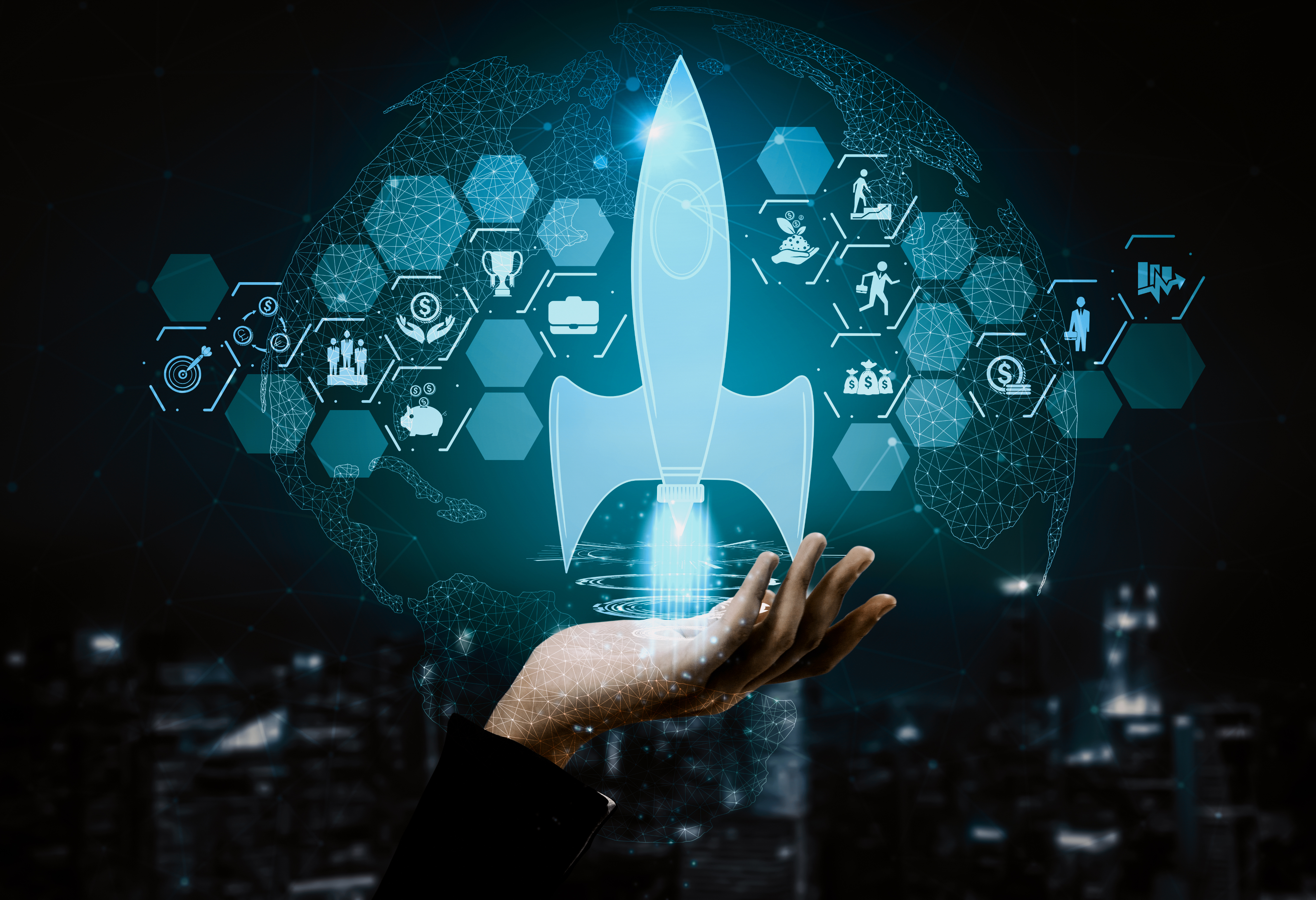 Tech startup growth — rocket launch visual